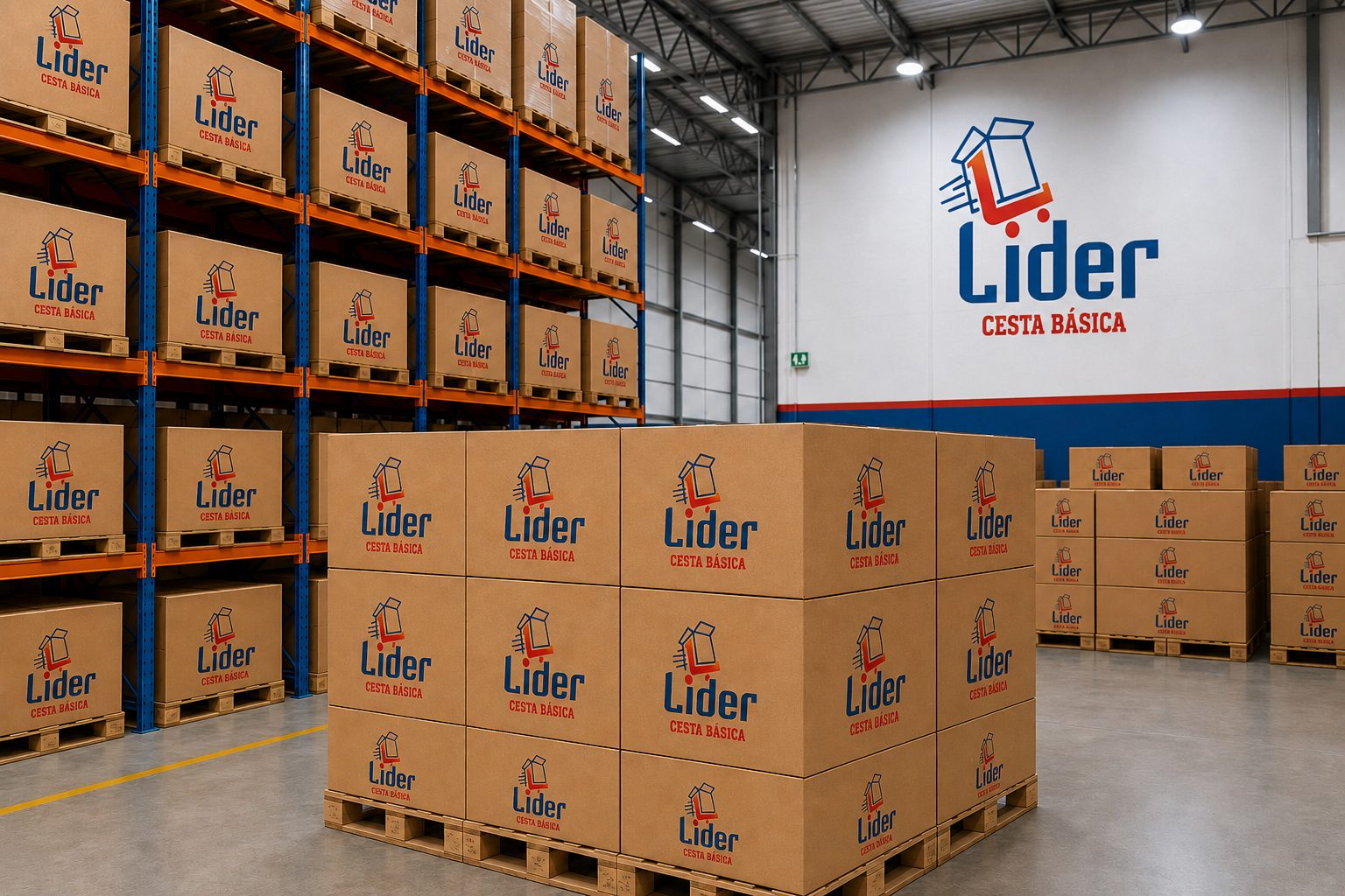 Armazém da Líder Cesta Básica com estoque organizado em prateleiras industriais
