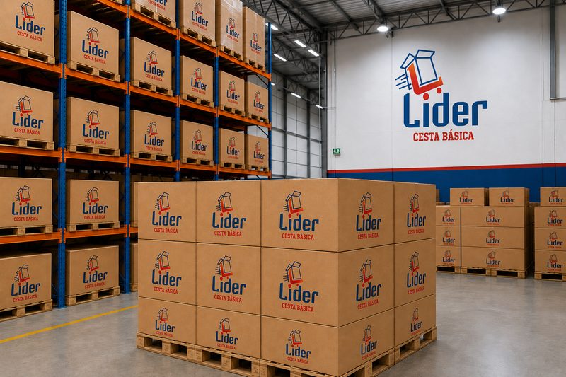 Estoque organizado de cestas básicas para doação em grande volume