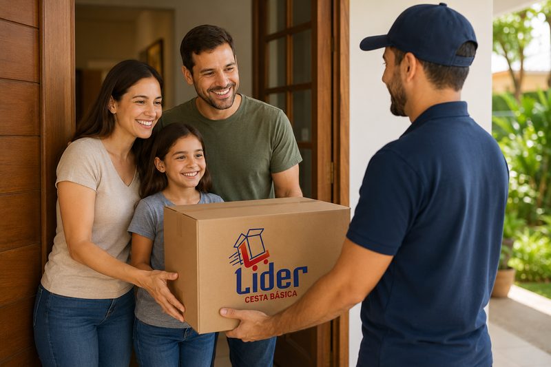 Família recebendo cesta básica na porta de casa